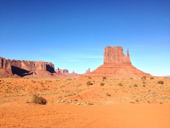 Rock formations in desert against clear blue sky
