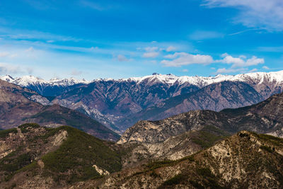 Scenic view of snowcapped mountains against sky