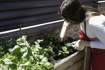 Young woman gardening at yard