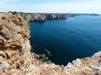 High angle view of rocks by sea against sky