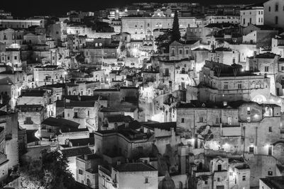 Sassi di matera at night. european capital of culture. black and white