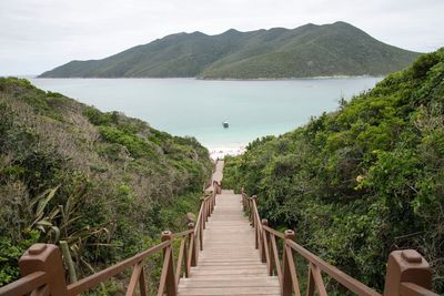 Scenic view of sea and mountains against sky