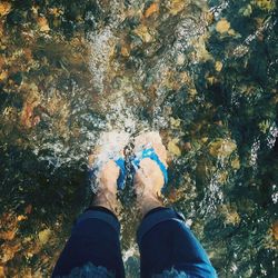 Low section of man standing in sea