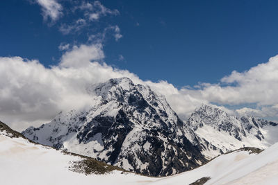 Scenic view of snow covered mountains against sky