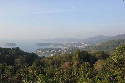 Scenic view of trees and mountains against sky