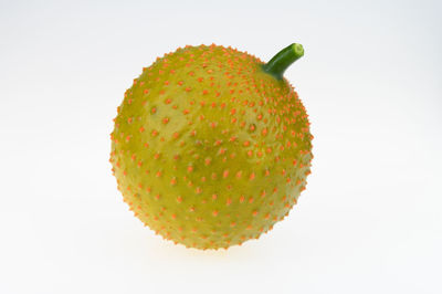 Close-up of orange fruit against white background