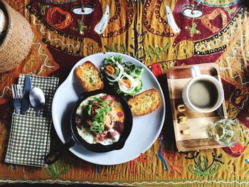 High angle view of breakfast on table