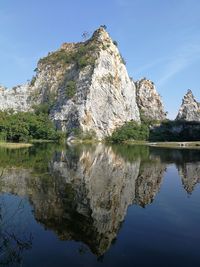 Reflection of rocks in lake against blue sky