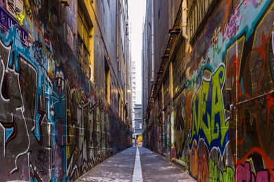 Graffiti on wall amidst buildings in city
