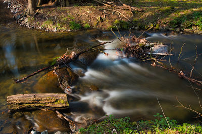 Sunlight falling on rocks by lake