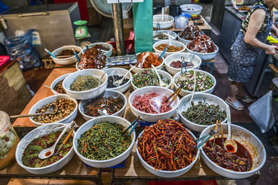 High angle view of food for sale