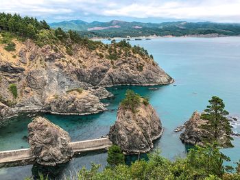 Panoramic view of rock formation in sea against sky