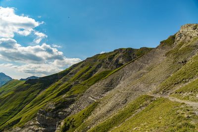 Scenic view of mountains against blue sky