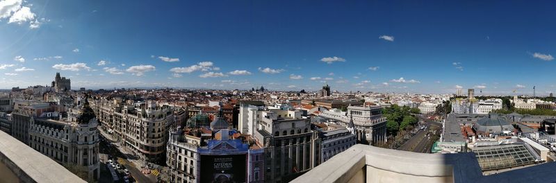 High angle view of city buildings against sky