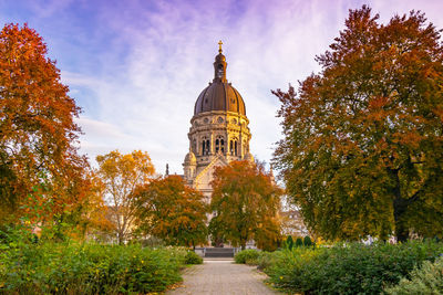 Street amidst trees and buildings against sky during autumn