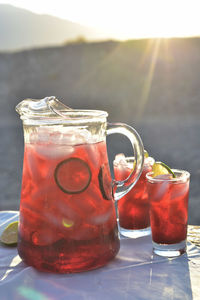 Close-up of drink in glass jar on table