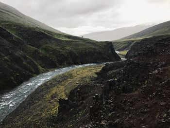 Scenic view of waterfall against sky