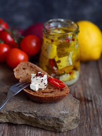 Close-up of food in jar on table