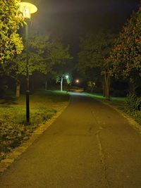 Street amidst trees at night