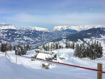 Scenic view of snow covered mountains against sky