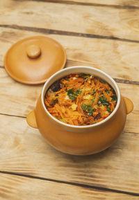 High angle view of food in bowl on table