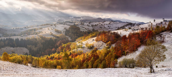 Scenic view of snowcapped mountains against sky during winter