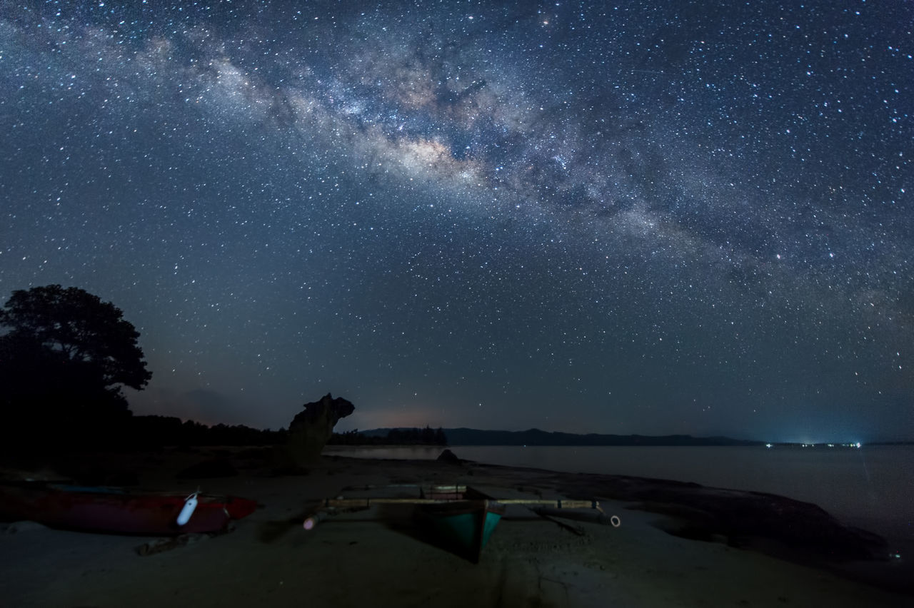 SCENIC VIEW OF BEACH AGAINST STAR FIELD