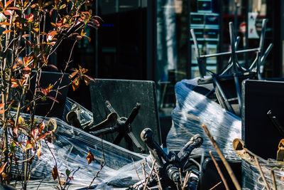 High angle view of abandoned machine in factory