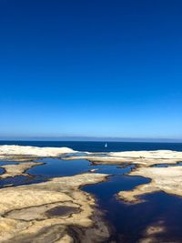 Scenic view of ocean with small yacht against clear blue sky in sydney australia 