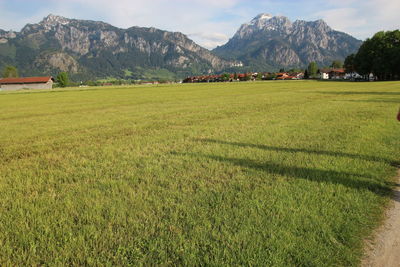 Scenic view of field and mountains against sky