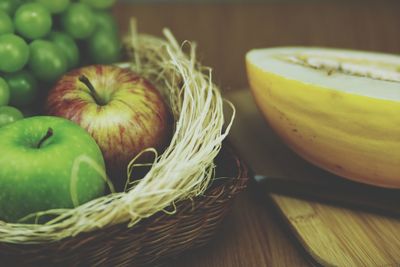 Close-up of apples in basket on table