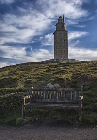 Lighthouse on field by building against sky