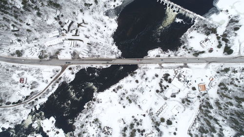 High angle view of snowcapped mountains during winter