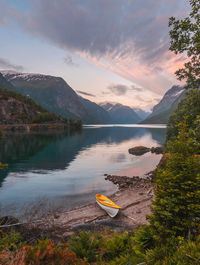 Scenic view of lake against sky during sunset