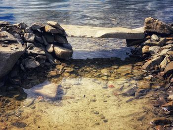 High angle view of rocks on beach