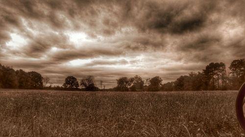 Scenic view of field against cloudy sky