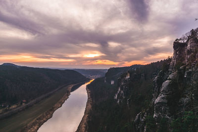 Panoramic view of land and mountains against sky during sunset