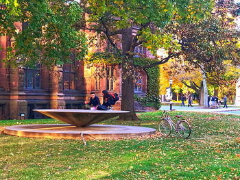 People relaxing in park during autumn