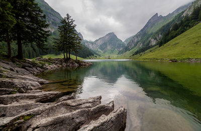 Scenic view of lake and mountains against sky