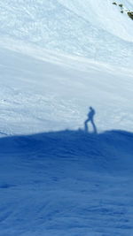 Shadow of person skiing in snow