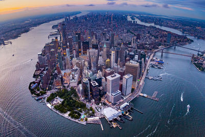 High angle view of modern buildings in city