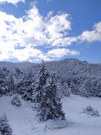 Snow covered landscape against sky