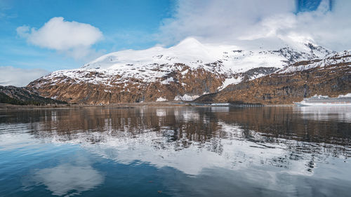 Scenic view of lake and snowcapped mountains against sky
