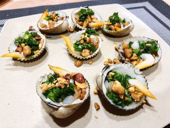 High angle view of meal served on table