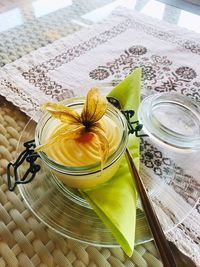 High angle view of drink on table