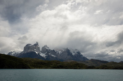 Scenic view of mountains against cloudy sky