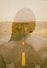 Double exposure image of woman and empty road against sky