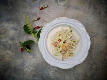 High angle view of salad in bowl on table