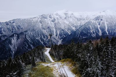 Snow covered land and mountains against sky