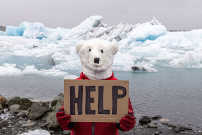 Activist on polar bear mask holding a sign that says help in the glaciers of iceland